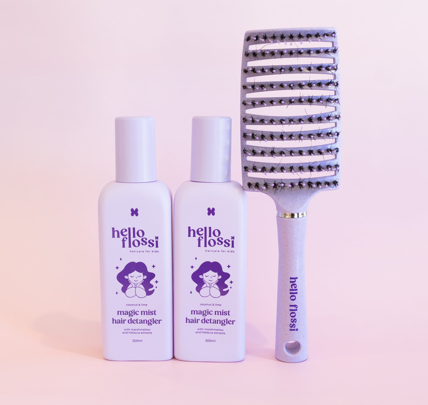 Hello Flossi Twin Pack Kit, 2 Magic Mist detangling sprays and 1 detangling hair brush