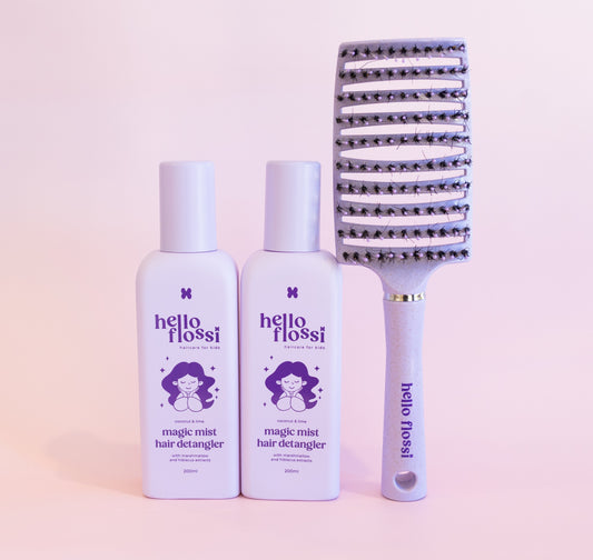 Hello Flossi Twin Pack Kit, 2 Magic Mist detangling sprays and 1 detangling hair brush